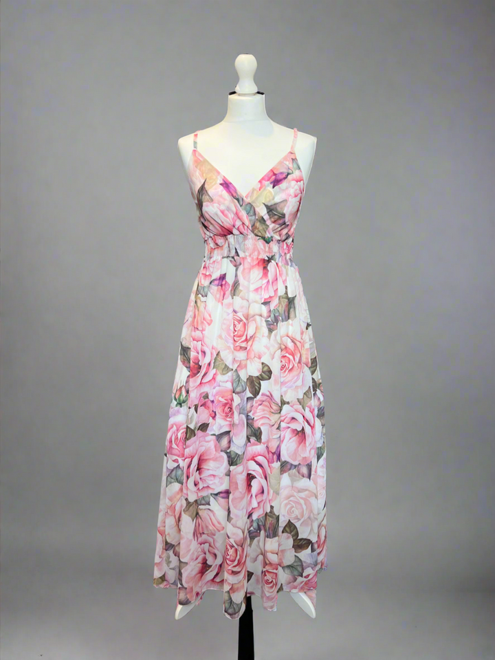 Kayleigh Pink Rose Print Cami Strap Shirred Maxi Dress