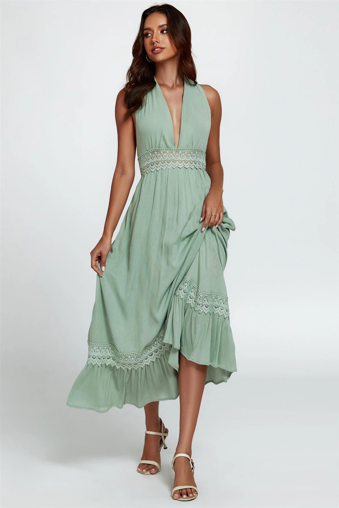 Candice Green Halter Neck Backless Lace Maxi Dress