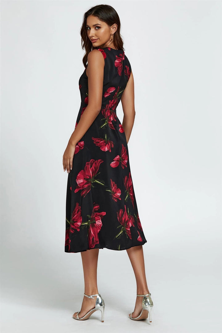 Edie Black & Red Floral Sweetheart Neck Sleeveless Midi Dress