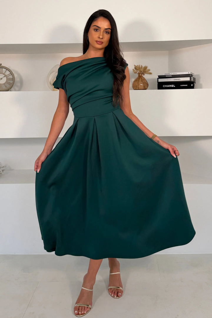 Betty Green Asymmetric Neckline Skater Maxi Dress With Pockets