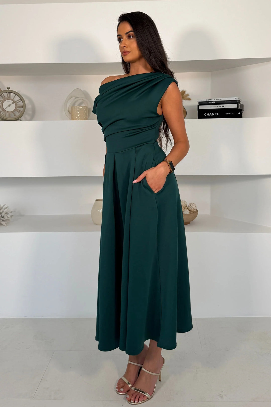 Betty Green Asymmetric Neckline Skater Maxi Dress With Pockets