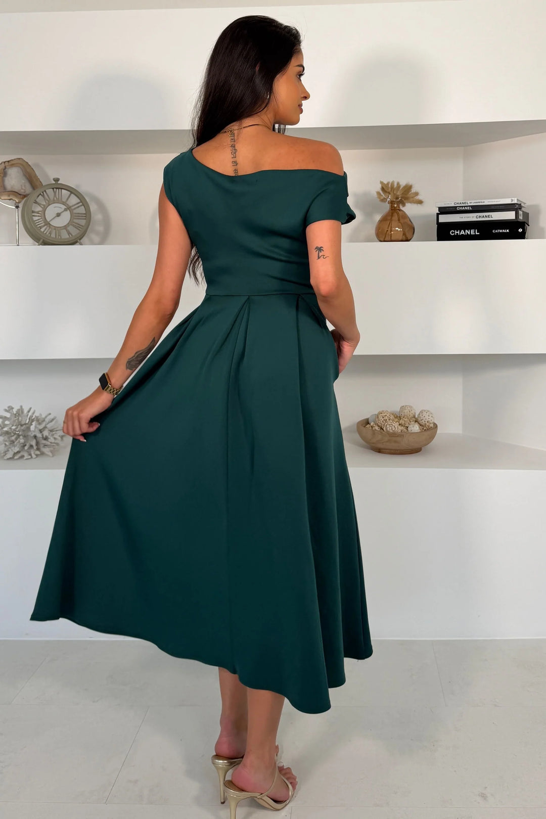 Betty Green Asymmetric Neckline Skater Maxi Dress With Pockets