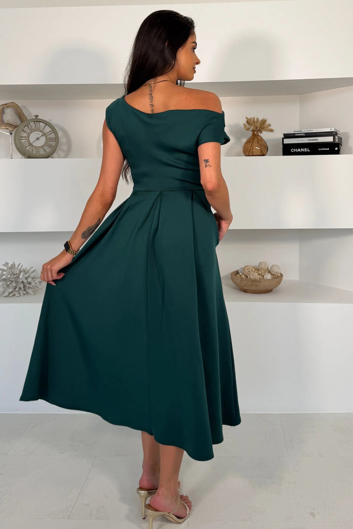 Betty Green Asymmetric Neckline Skater Maxi Dress With Pockets