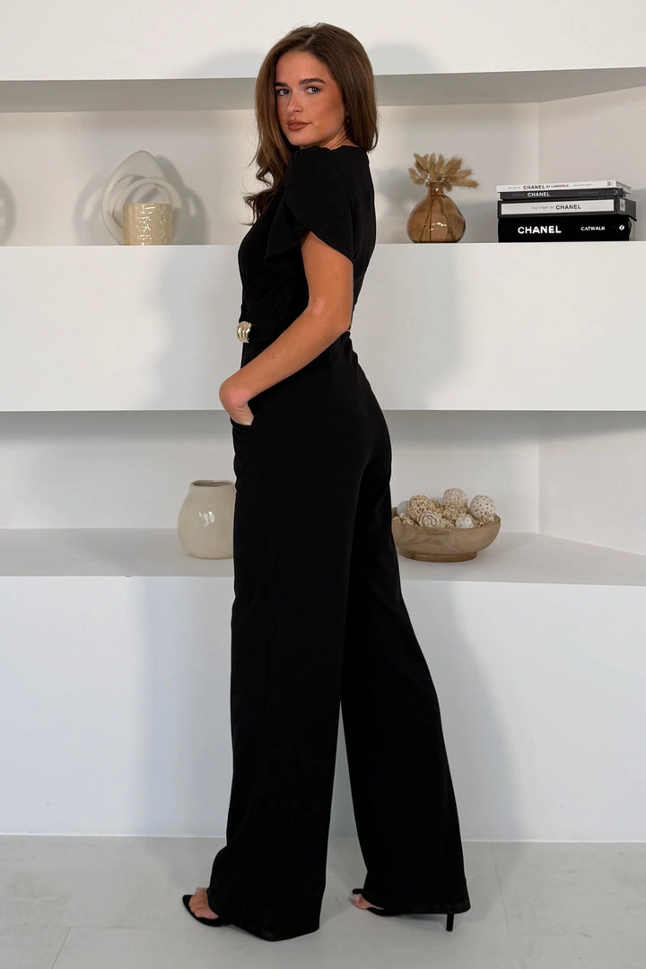 Alaina Black Buckle Detail Short Sleeve Wide Leg Jumpsuit