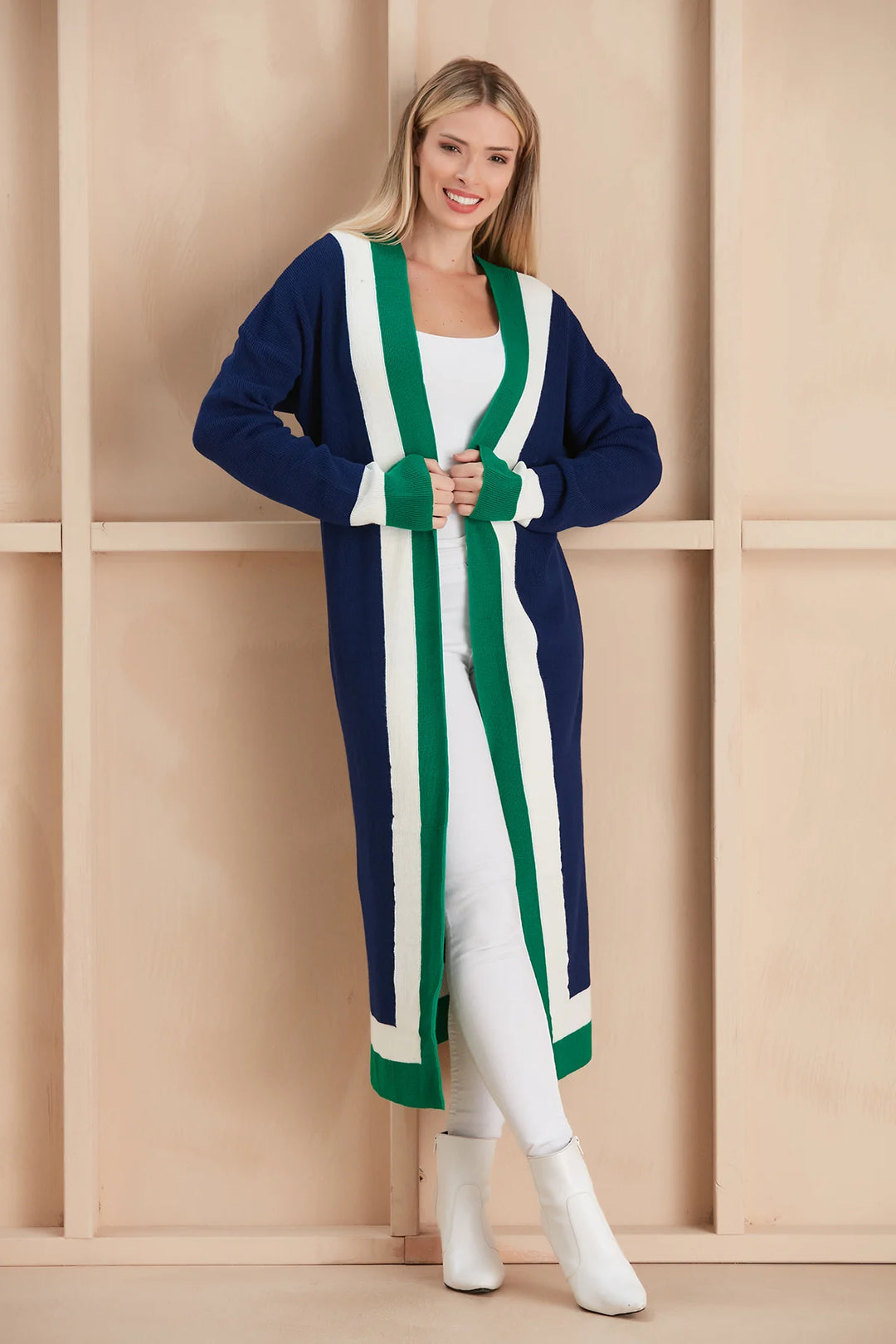 Natasha Navy Green White Long Sleeve Longline Cardigan LittleMadam