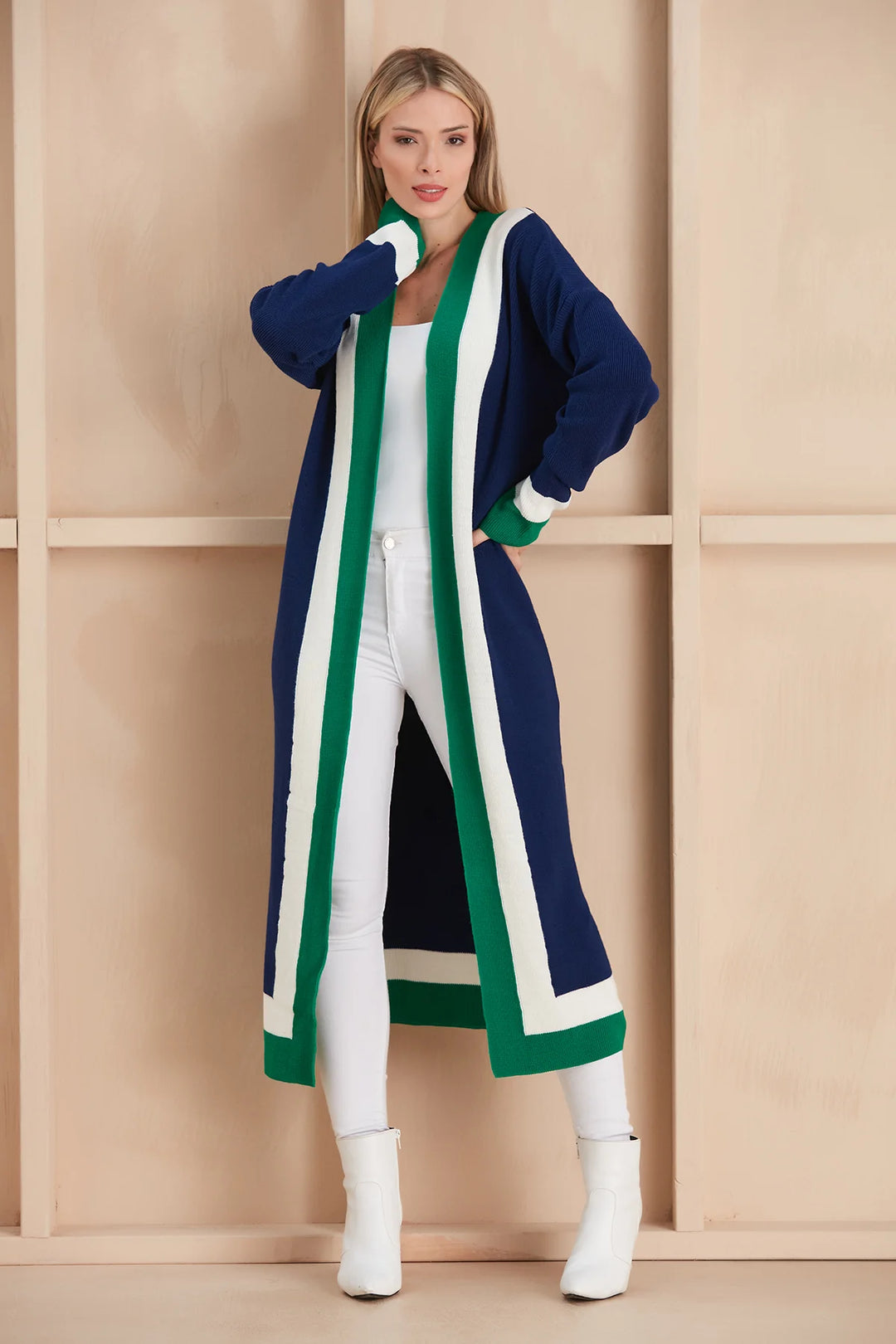 Natasha Navy, Green & White Long Sleeve Longline Cardigan