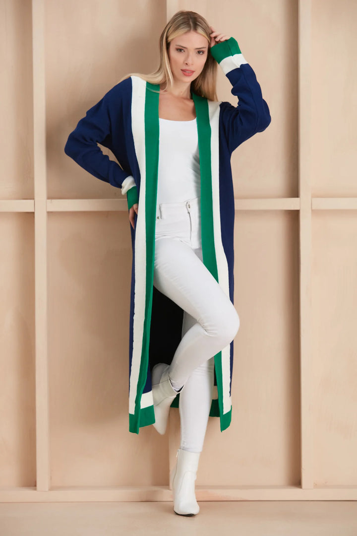 Natasha Navy, Green & White Long Sleeve Longline Cardigan