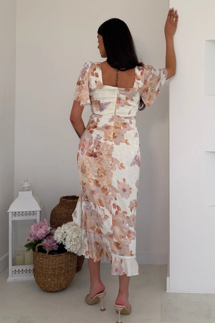 Heidi Brown Floral Ruched Short Sleeve Midi Dress