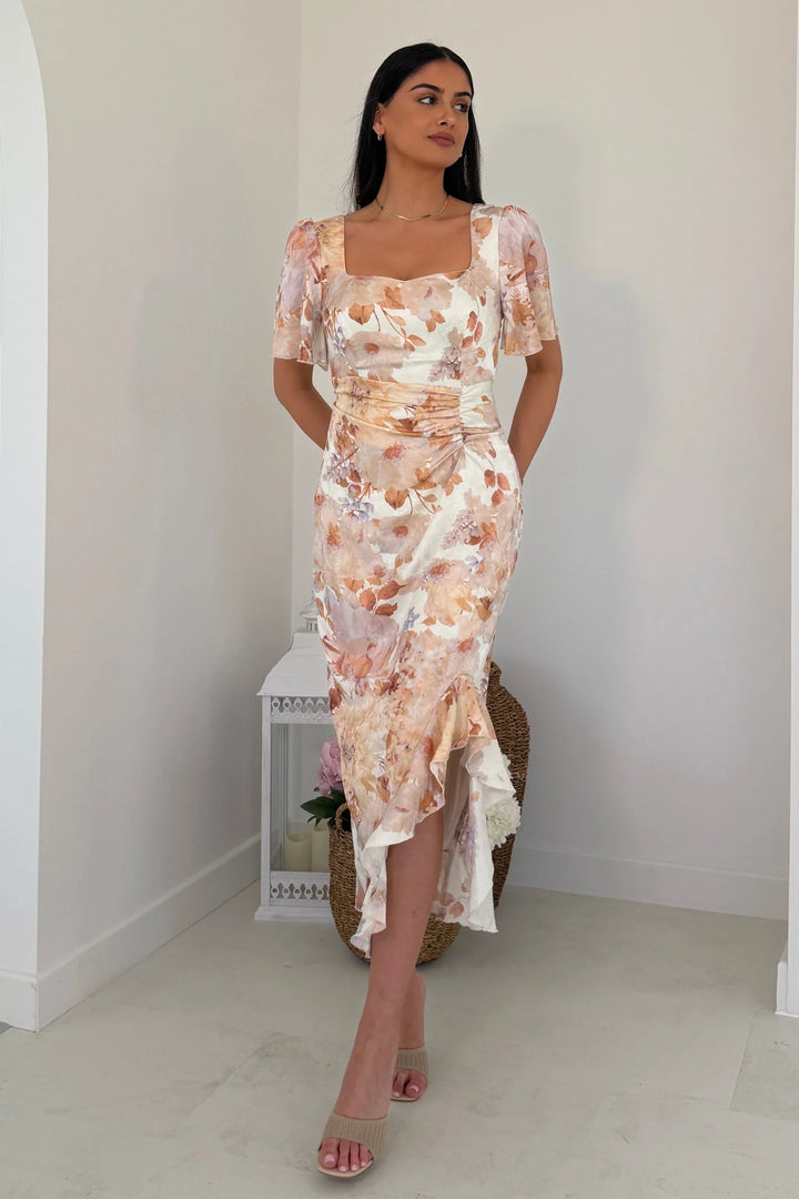 Heidi Brown Floral Ruched Short Sleeve Midi Dress