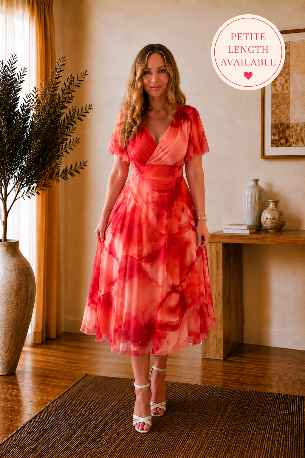 Isobel Coral Abstract Angel Sleeve Belted Mesh Maxi Dress - REGULAR LENGTH (3 LENGTHS)