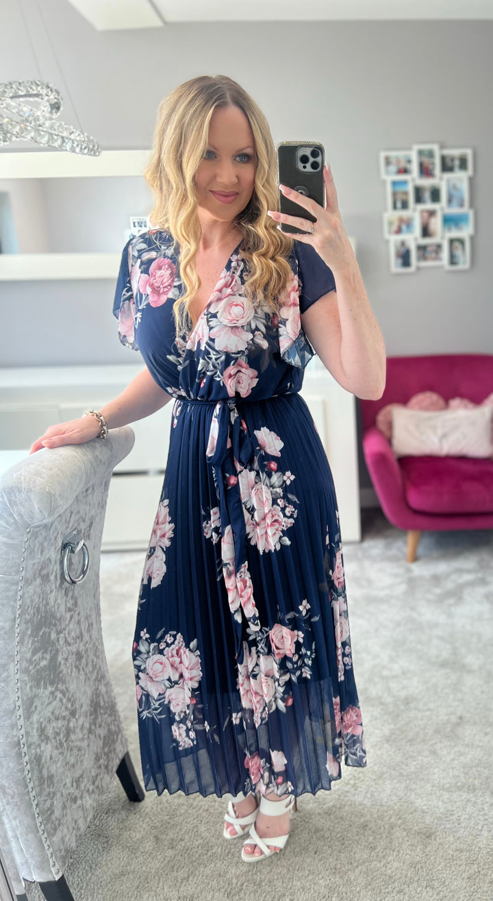 Amalfi Coast Navy Floral Chiffon Short Sleeve Pleated Belted Maxi Dress