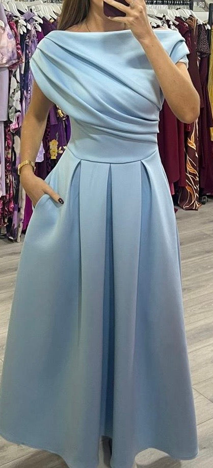 Betty Baby Blue Asymmetric Neckline Skater Maxi Dress With Pockets (PRE-ORDER TO SHIP IN JANUARY)