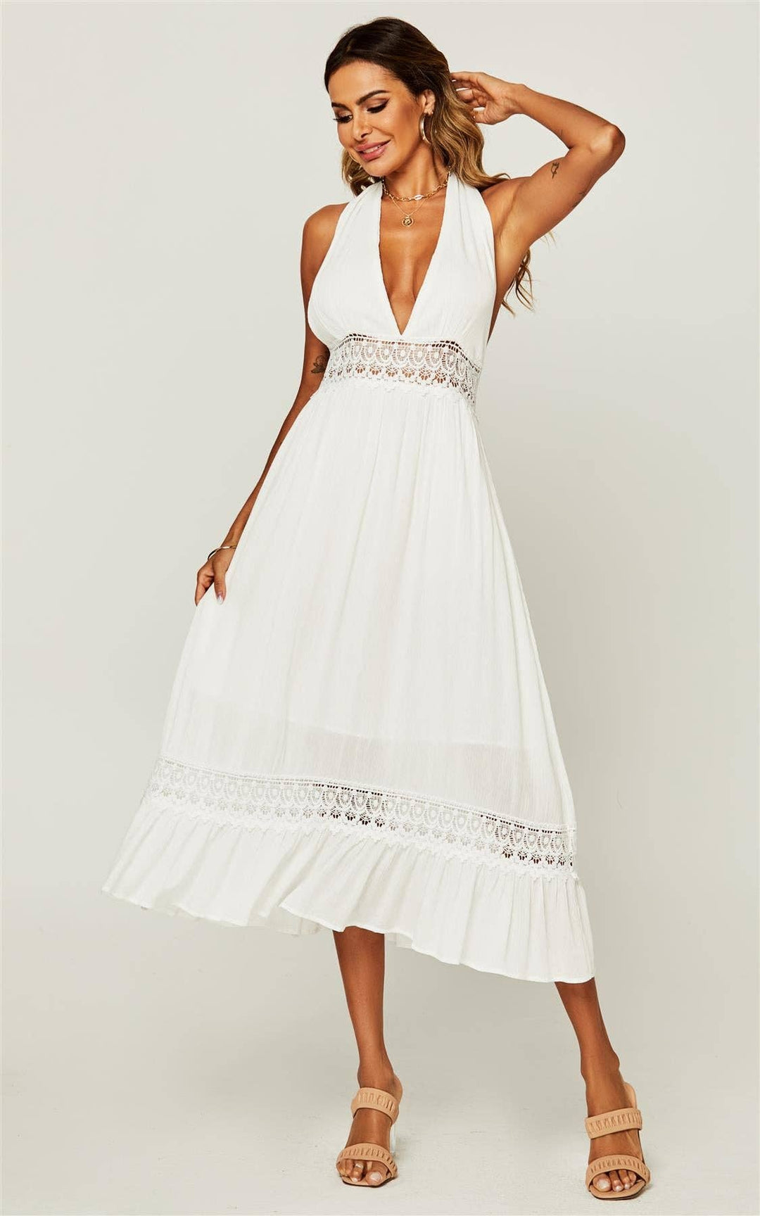 Candice White Halter Neck Backless Lace Maxi Dress