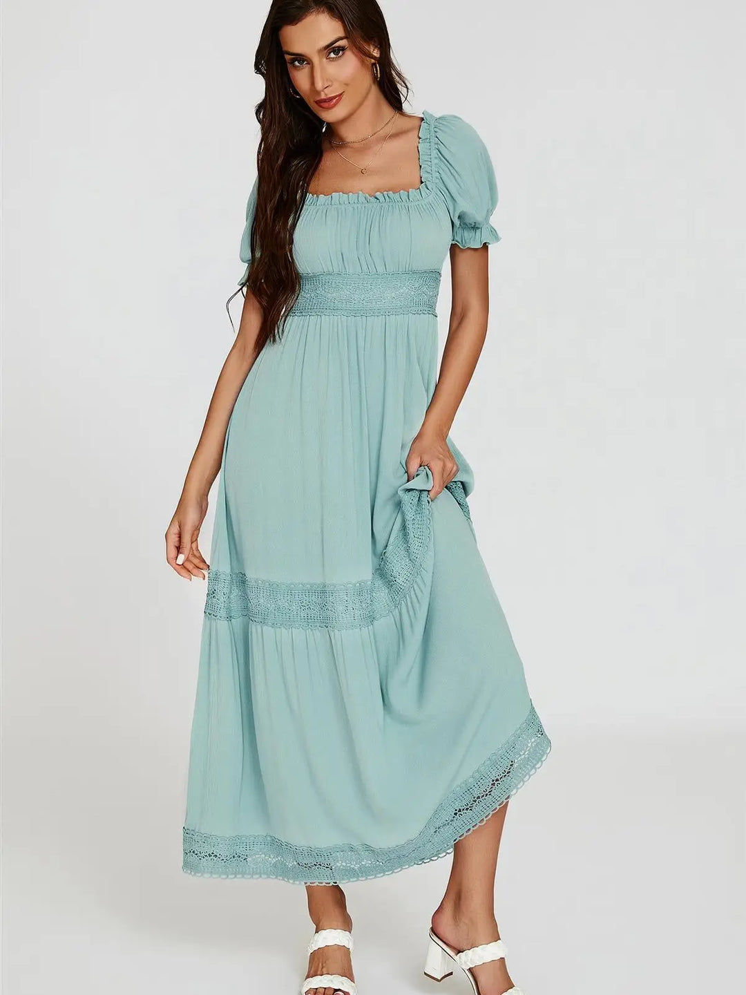Ophelia Duckegg Blue Boho Lace Short Sleeve Maxi Dress | LittleMadam Ophelia Duckegg Blue Boho Lace Short Sleeve Maxi Dress | LittleMadam