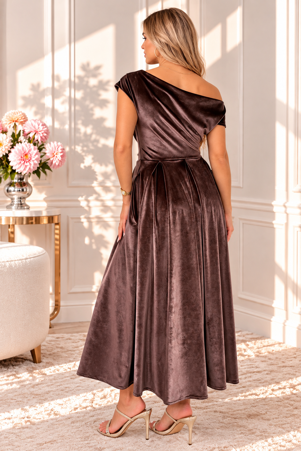Betty Chocolate Brown Velvet Asymmetric Neckline Skater Maxi Dress With Pockets