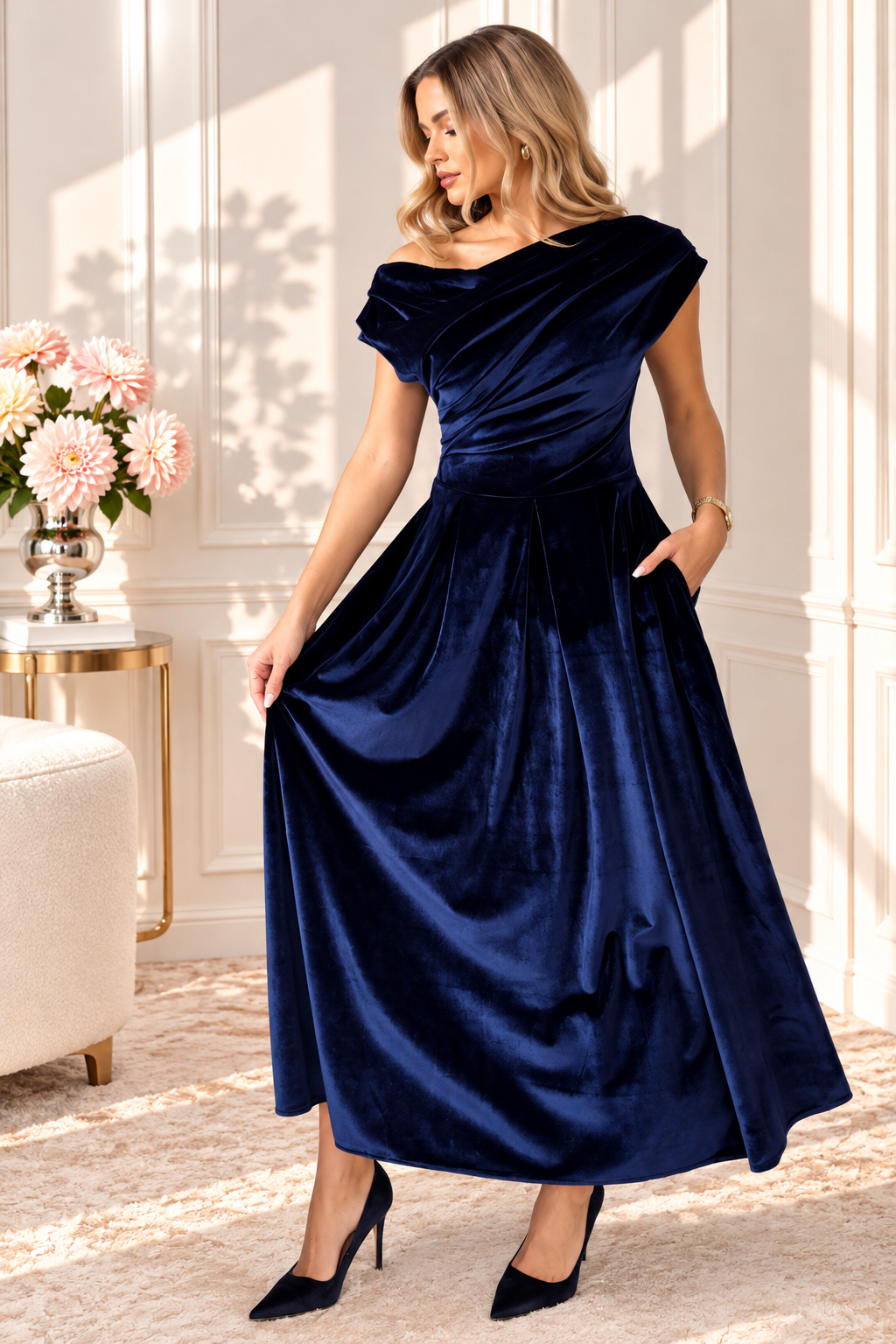 Betty Navy Velvet Asymmetric Neckline Skater Msxi Dress With Pockets