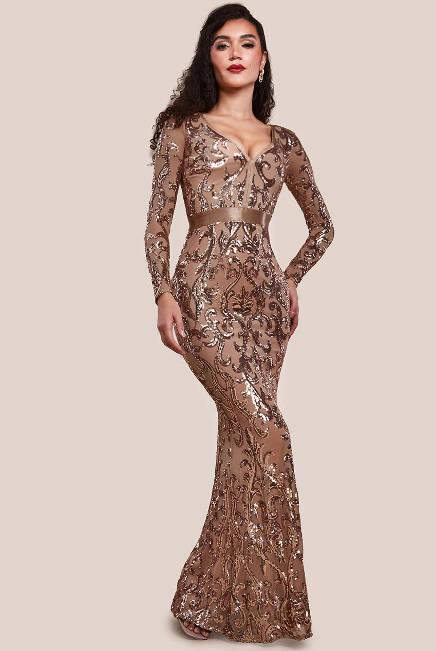 Anwen Champagne Gold Sequin Long Sleeve Bodycon Maxi Dress - BY GODDIVA | LittleMadam Anwen Champagne Gold Sequin Long Sleeve Bodycon Maxi Dress - BY GODDIVA | LittleMadam