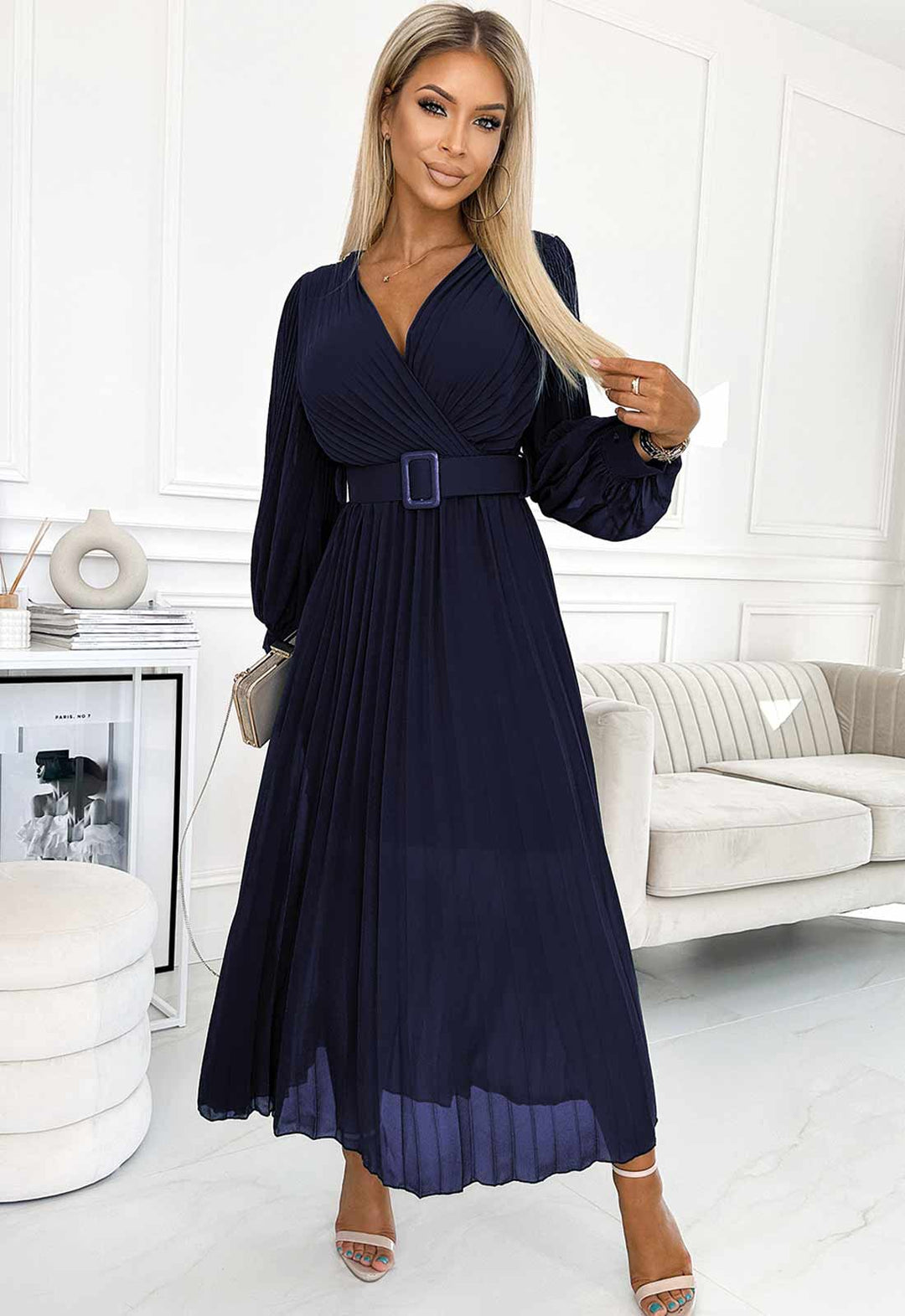 Lucile Navy Blue Chiffon Pleated Belted Long Sleeve Maxi Dress Lucile Navy Blue Chiffon Pleated Belted Long Sleeve Maxi Dress
