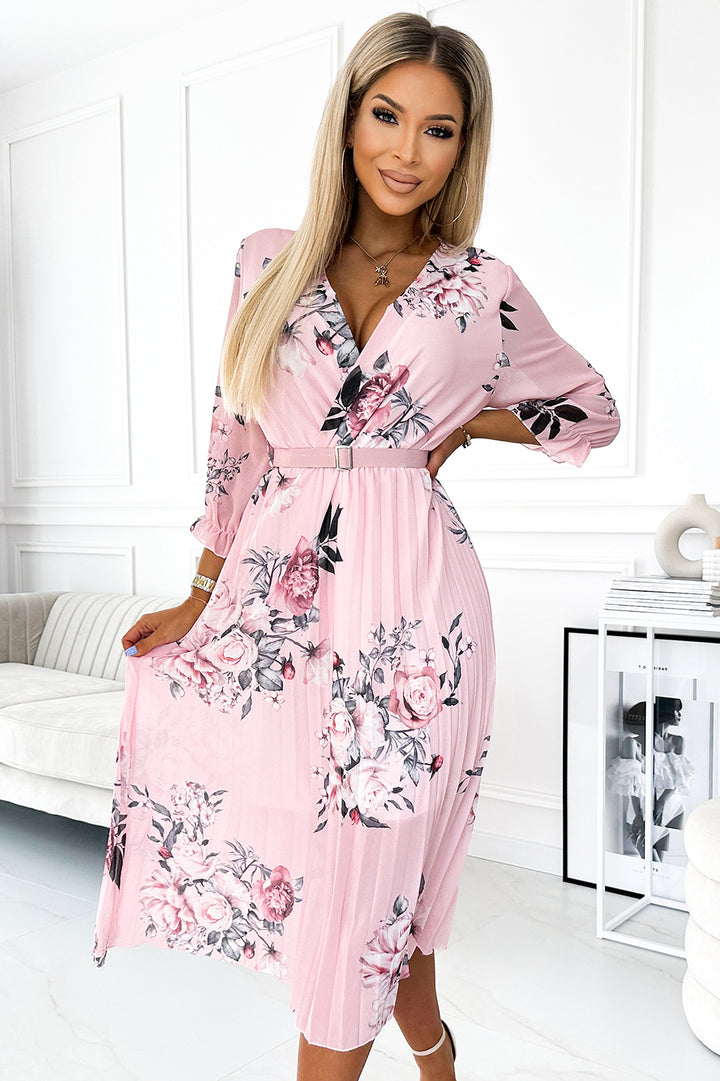 Anaya Pale Pink Floral Chiffon 3/4 Sleeve Pleated Belted Midaxi Dress - SEE BELT INFO