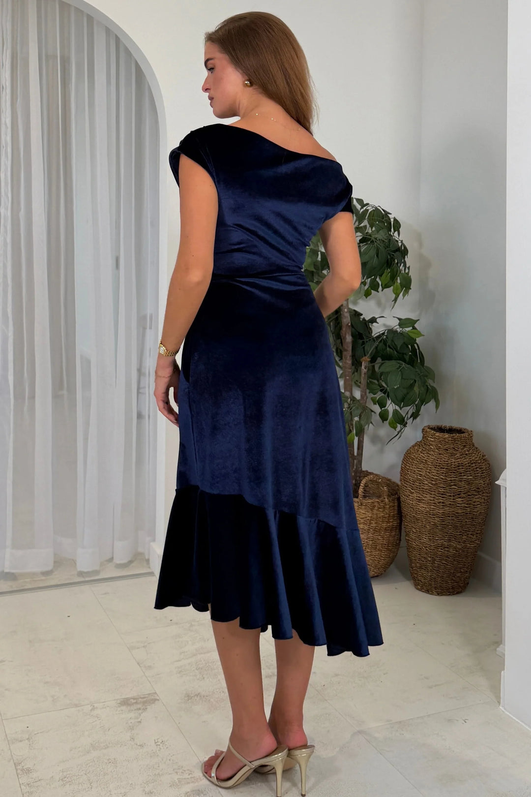 Felicity Navy Velvet Asymmetric Frill Midi Dress