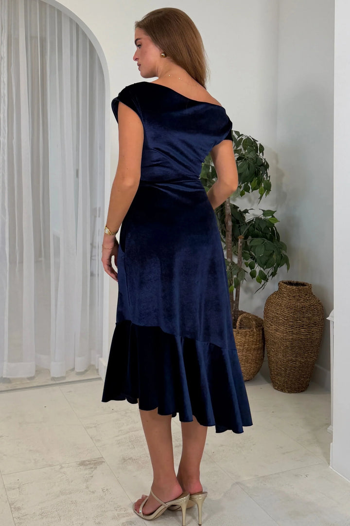 Felicity Navy Velvet Asymmetric Frill Midi Dress