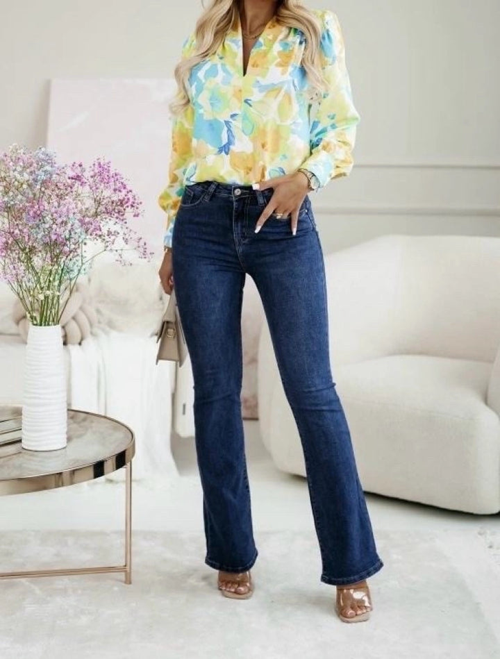 Katie Super Stretchy Indigo Blue Denim Fitted Flared Hem Push Up High Waist Jeans