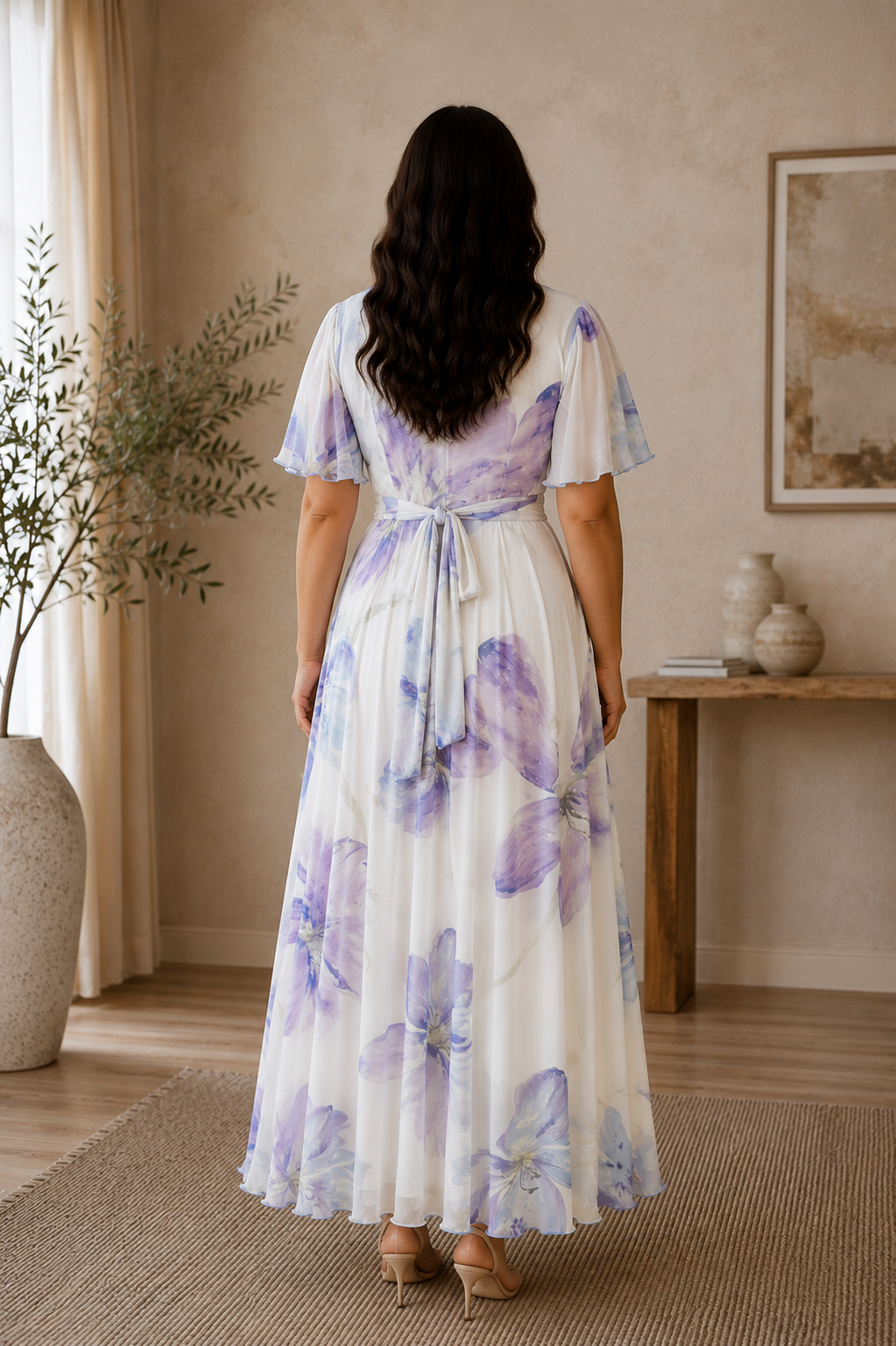 Isobel White & Lilac Floral Angel Sleeve Belted Mesh Maxi Dress - REGULAR LENGTH (3 LENGTHS)