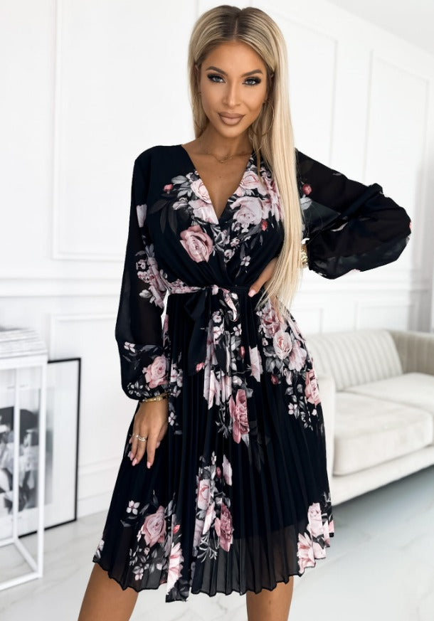 Joanie Black Floral Long Sleeve Chiffon Pleated Midi Dress