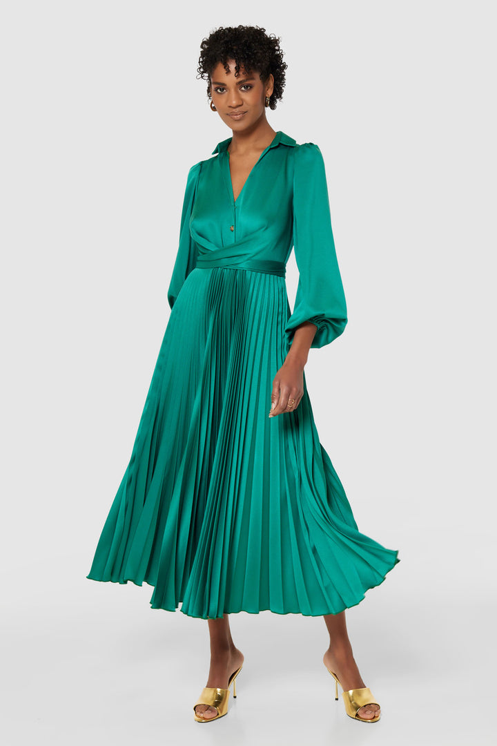 Miranda Emerald Green Tie Back Long Sleeve Pleated Midi Dress - BY CLOSET LONDON