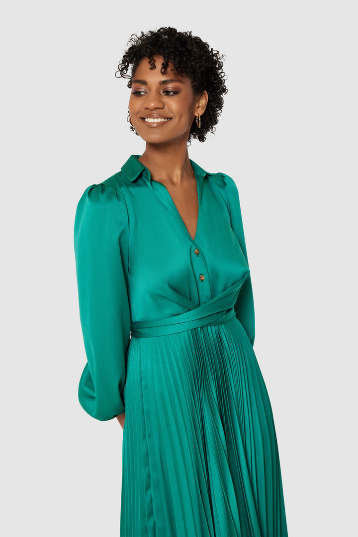 Miranda Emerald Green Tie Back Long Sleeve Pleated Midi Dress - BY CLOSET LONDON