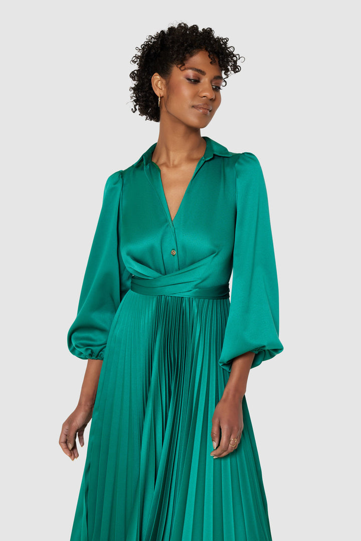 Miranda Emerald Green Tie Back Long Sleeve Pleated Midi Dress - BY CLOSET LONDON