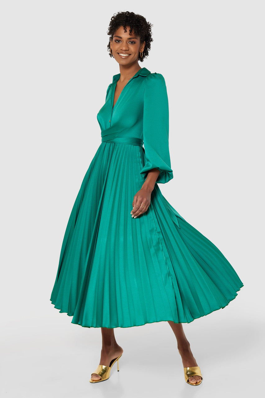 Miranda Emerald Green Tie Back Long Sleeve Pleated Midi Dress - BY CLOSET LONDON