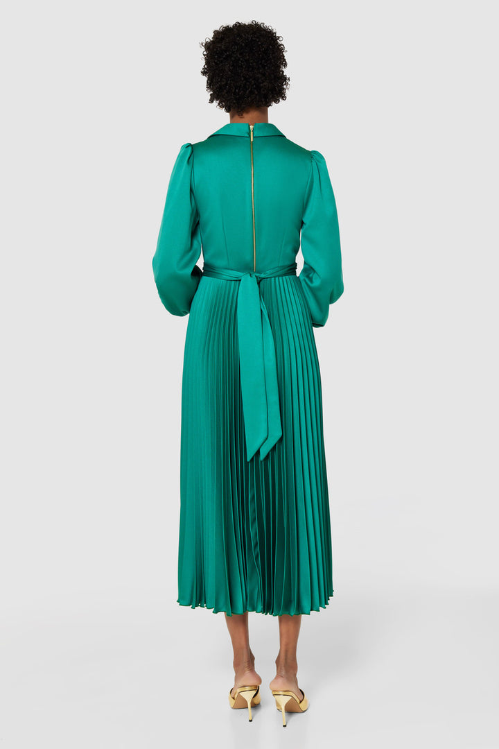 Miranda Emerald Green Tie Back Long Sleeve Pleated Midi Dress - BY CLOSET LONDON