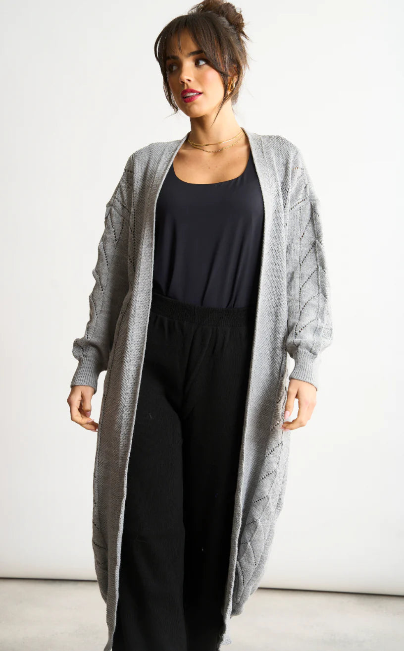 Naya Grey Embroidered Long Sleeve Longline Cardigan
