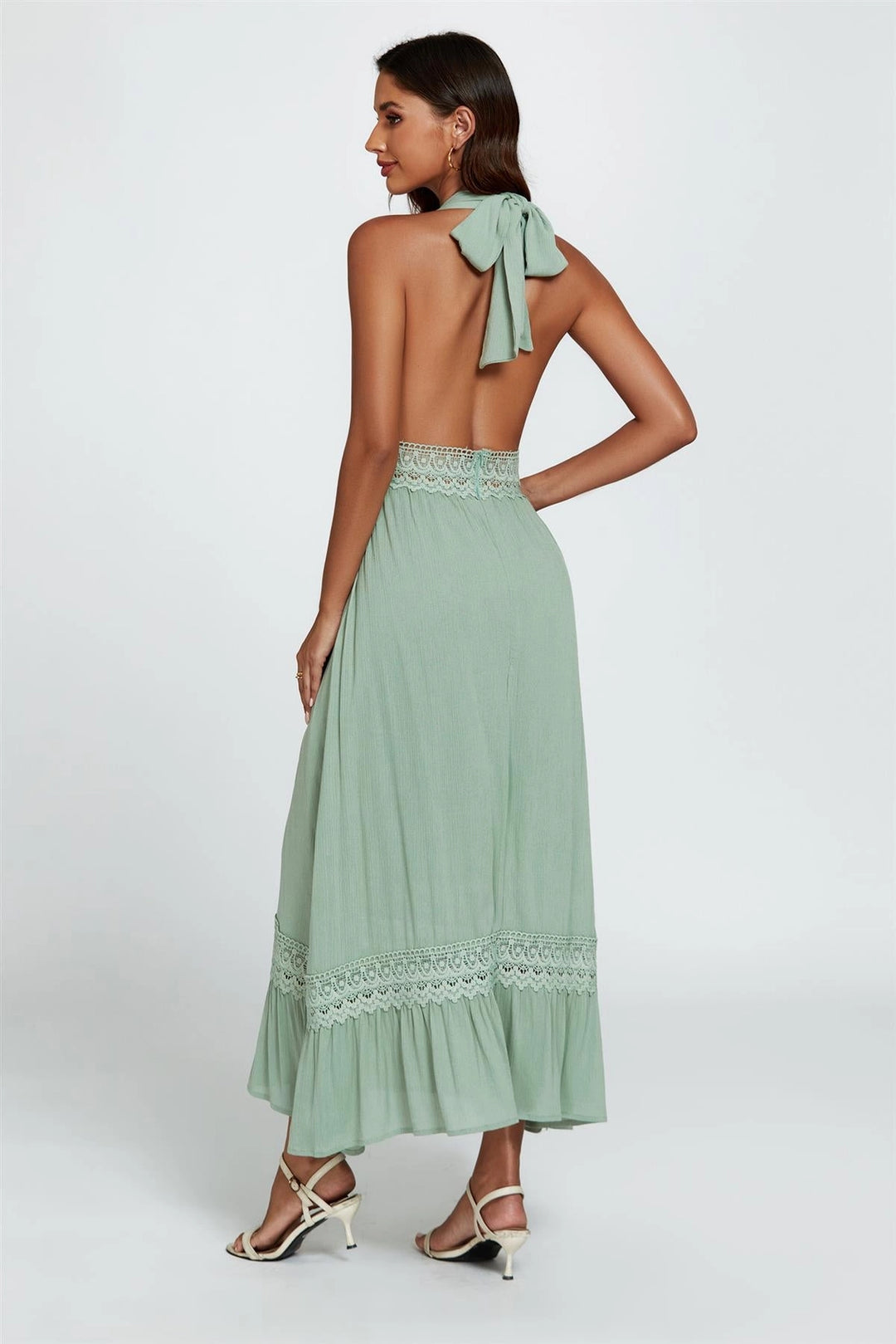 Candice Green Halter Neck Backless Lace Maxi Dress