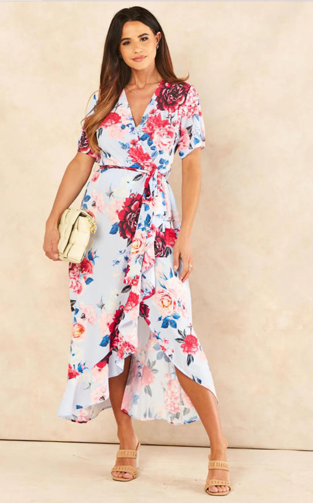 Flirtatious Short Sleeve Belted Light Blue Floral Midi/Maxi Wrap Dress