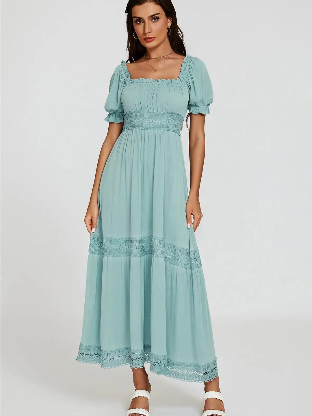 Ophelia Duckegg Blue Boho Lace Short Sleeve Maxi Dress | LittleMadam Ophelia Duckegg Blue Boho Lace Short Sleeve Maxi Dress | LittleMadam