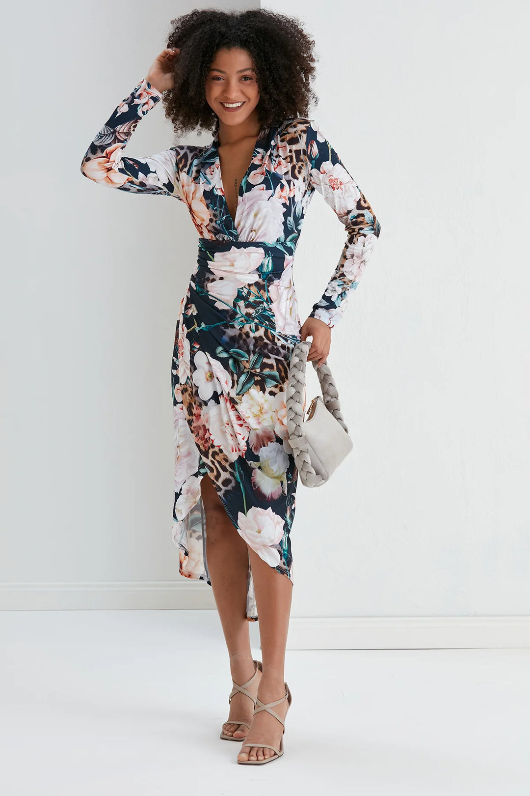 A Touch Of Class Navy Floral Long Sleeve Bodycon Wrap Midi Maxi Dress