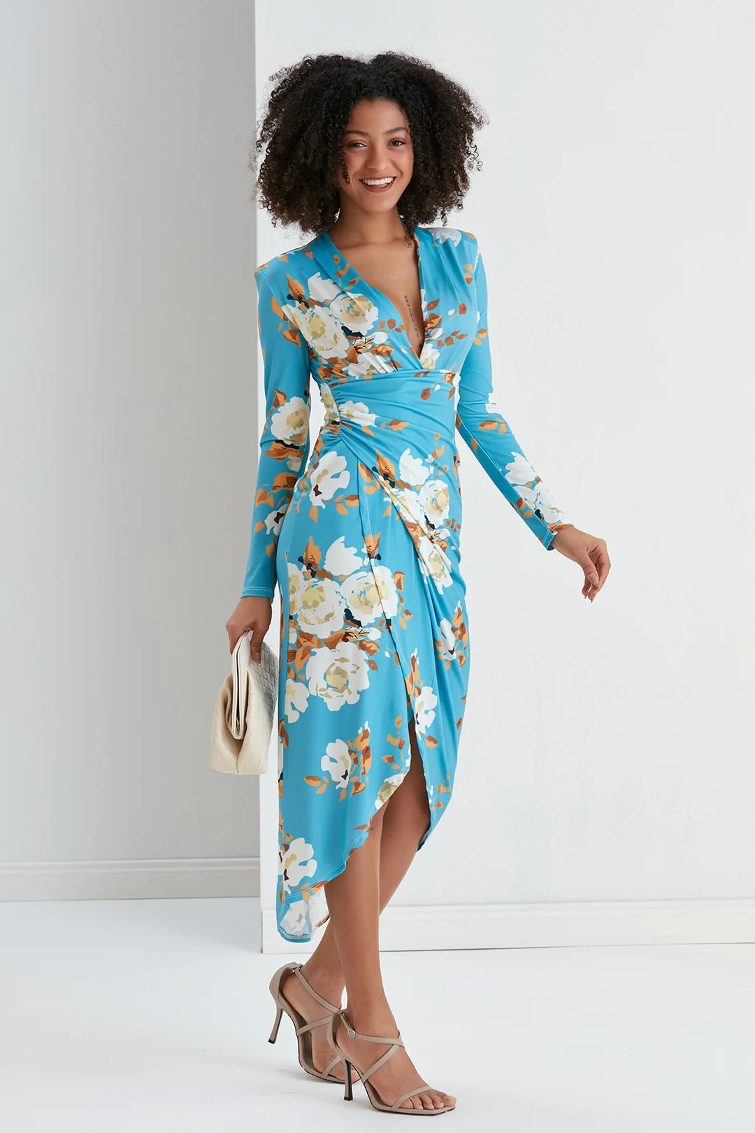 A Touch Of Class Mid Blue Floral Long Sleeve Bodycon Wrap Midi/Maxi Dress