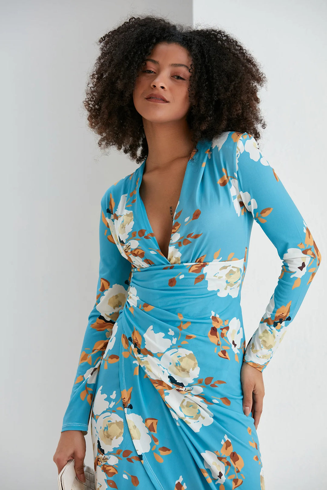 A Touch Of Class Mid Blue Floral Long Sleeve Bodycon Wrap Midi/Maxi Dress