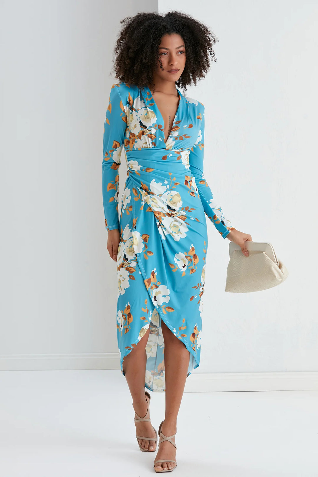 A Touch Of Class Mid Blue Floral Long Sleeve Bodycon Wrap Midi Maxi Dress
