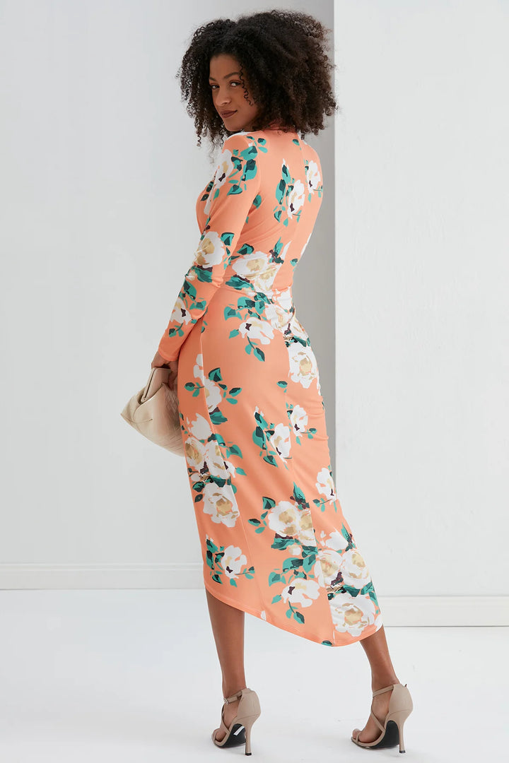 A Touch Of Class Peach Floral Long Sleeve Bodycon Wrap Midi/Maxi Dress