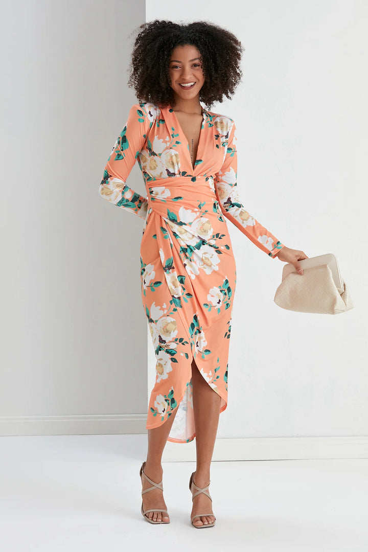 A Touch Of Class Peach Floral Long Sleeve Bodycon Wrap Midi/Maxi Dress