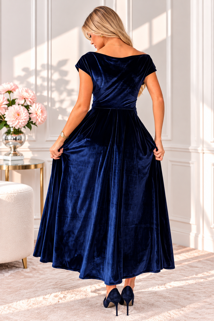 Betty Navy Velvet Asymmetric Neckline Skater Msxi Dress With Pockets