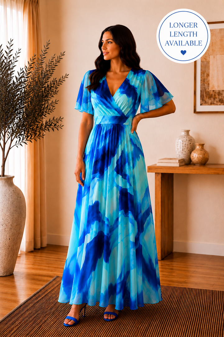Isobel Blue Abstract Angel Sleeve Belted Mesh Maxi Dress - PETITE LENGTH (3 LENGTHS)