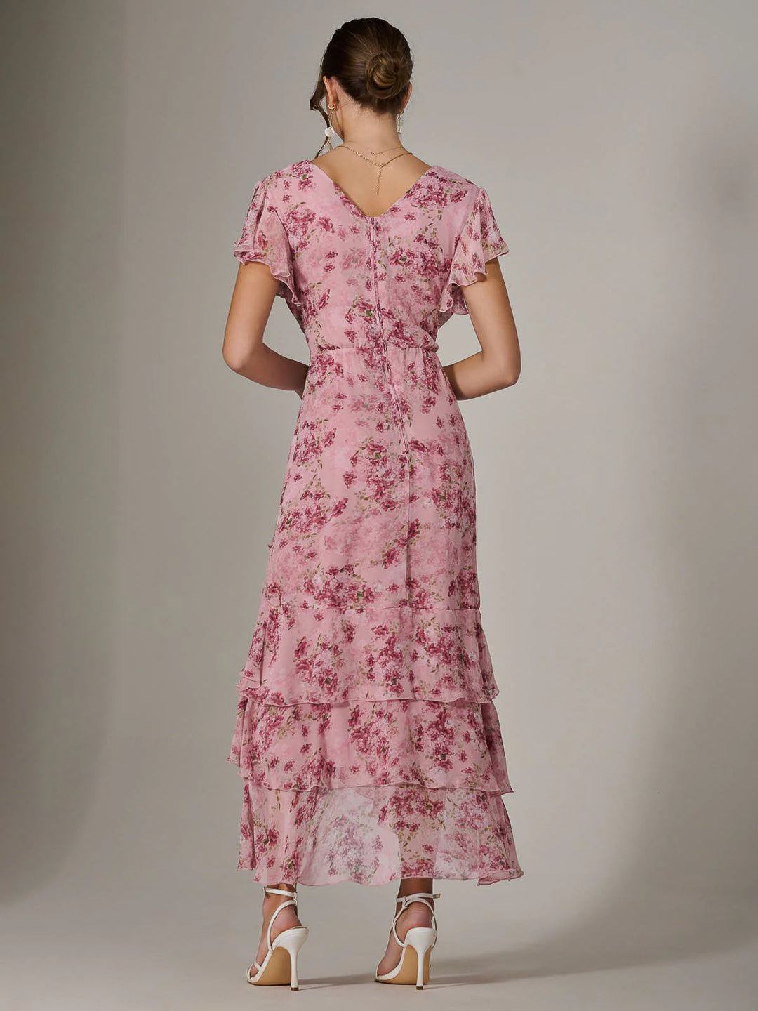 Janelle Pink Floral Belted Short Sleeve Ruffle Wrap Mesh Maxi Dress