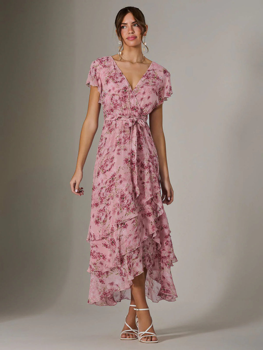 Janelle Pink Floral Belted Short Sleeve Ruffle Wrap Mesh Maxi Dress