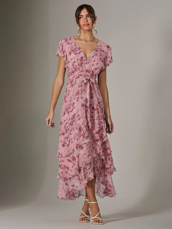 Janelle Pink Floral Belted Short Sleeve Ruffle Wrap Mesh Maxi Dress