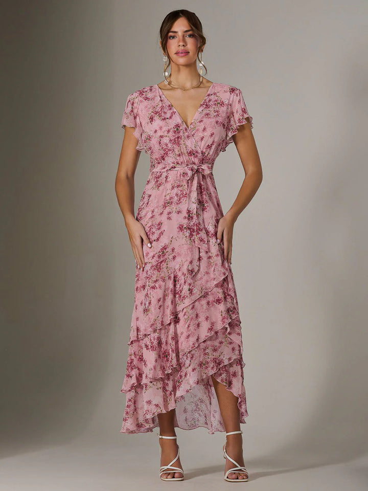 Janelle Pink Floral Belted Short Sleeve Ruffle Wrap Mesh Maxi Dress