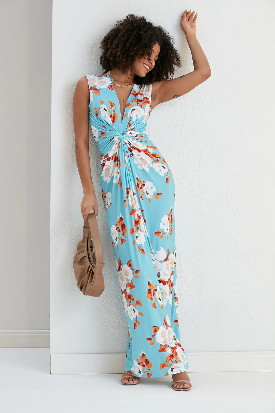 twist front maxi dress St Lucia Tall Blue Floral Sleeveless Twist Front Maxi Dress